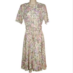 Vintage 80s Dress Floral Belted Midi Flowy‎ Cottagecore Secretary Cream 12 USA